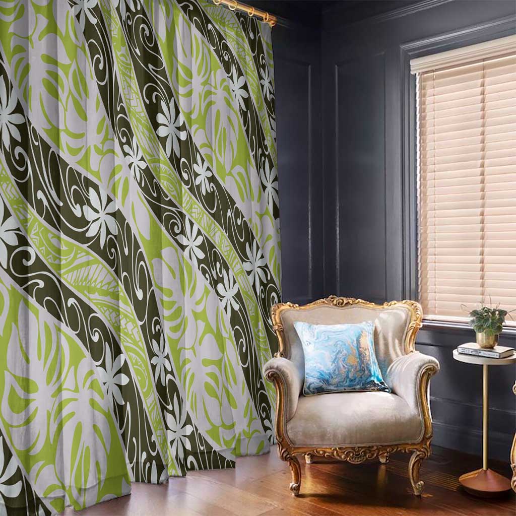 Olive Tahiti Tiare Monstera Window Curtain Polynesian Pattern Curve Style - Polynesian Pride
