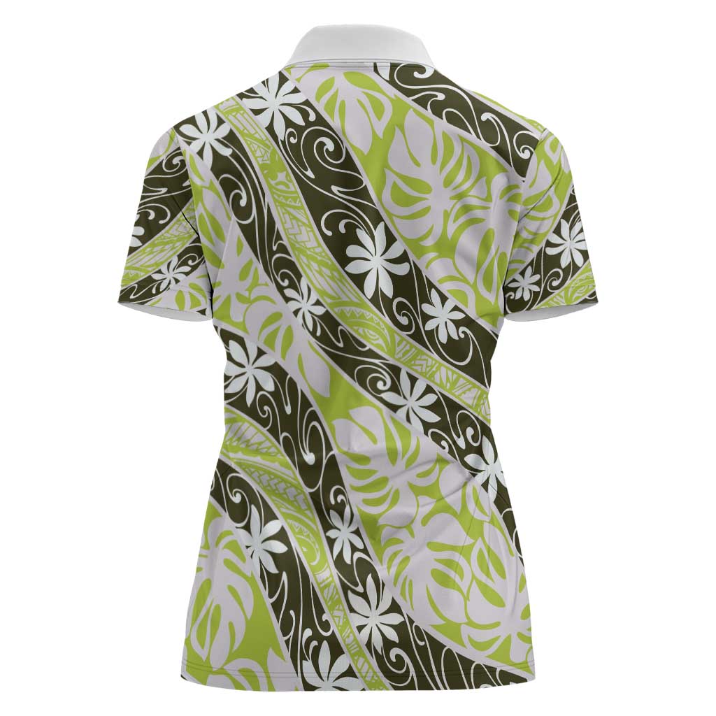 Olive Tahiti Tiare Monstera Women Polo Shirt Polynesian Pattern Curve Style - Polynesian Pride