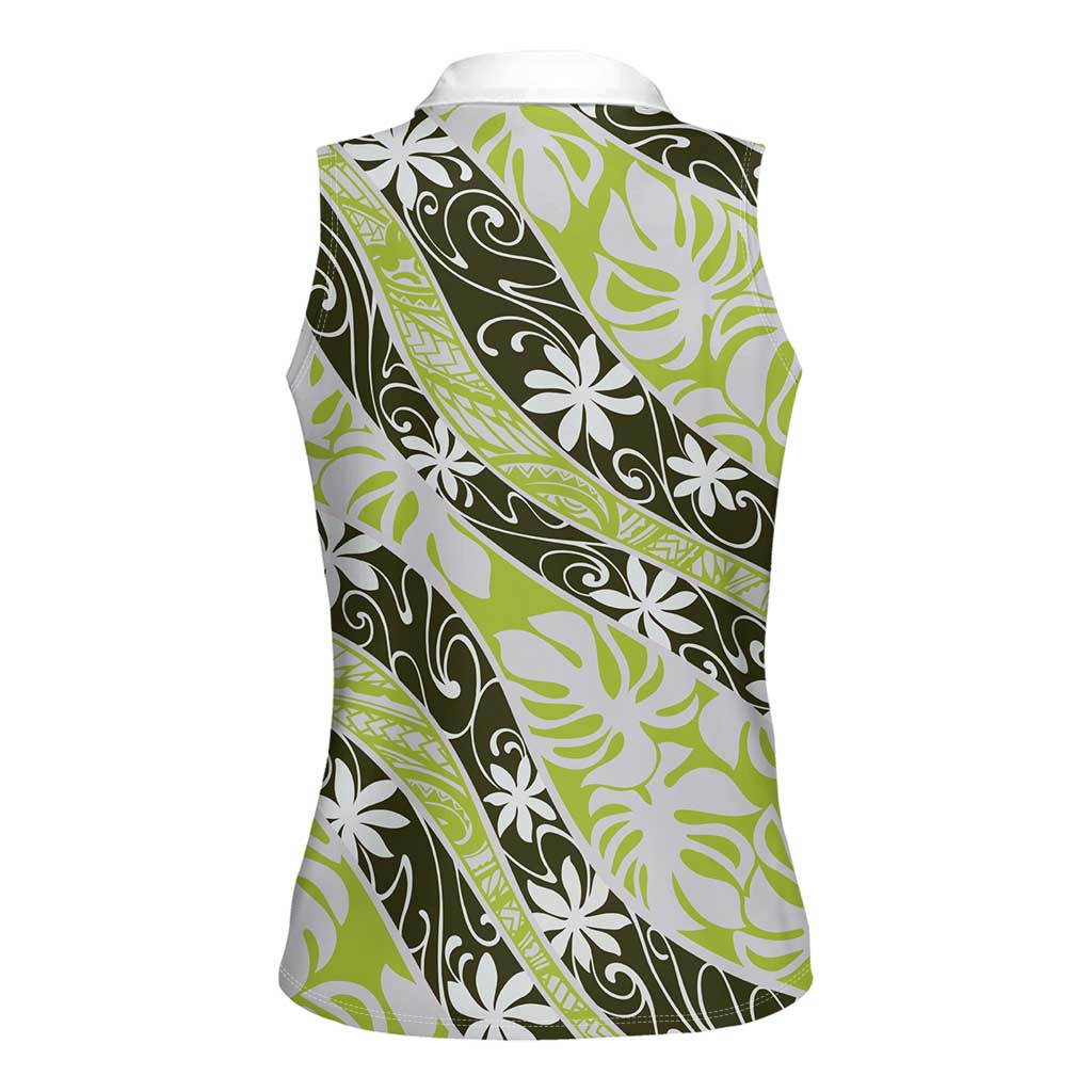 Olive Tahiti Tiare Monstera Women Sleeveless Polo Shirt Polynesian Pattern Curve Style - Polynesian Pride