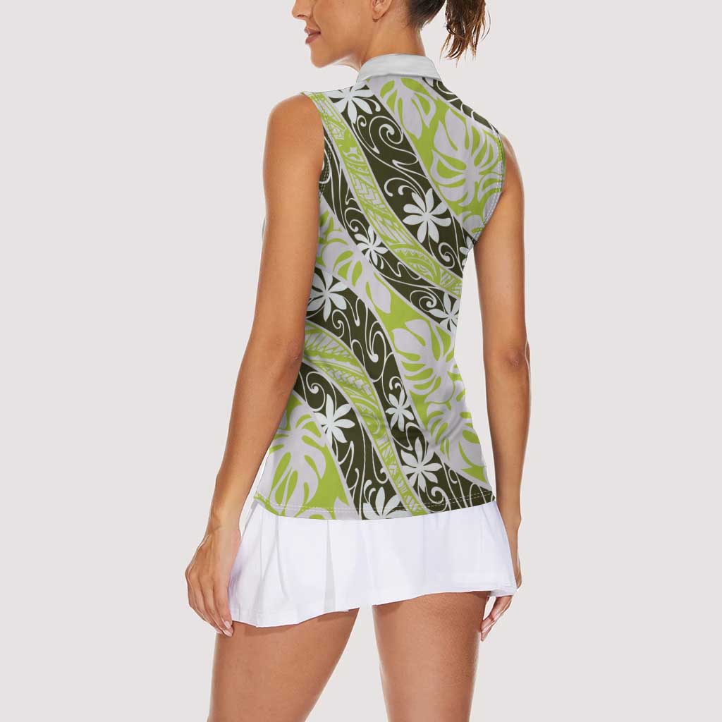 Olive Tahiti Tiare Monstera Women Sleeveless Polo Shirt Polynesian Pattern Curve Style - Polynesian Pride