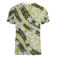 Olive Tahiti Tiare Monstera Women V-Neck T-Shirt Polynesian Pattern Curve Style - Polynesian Pride