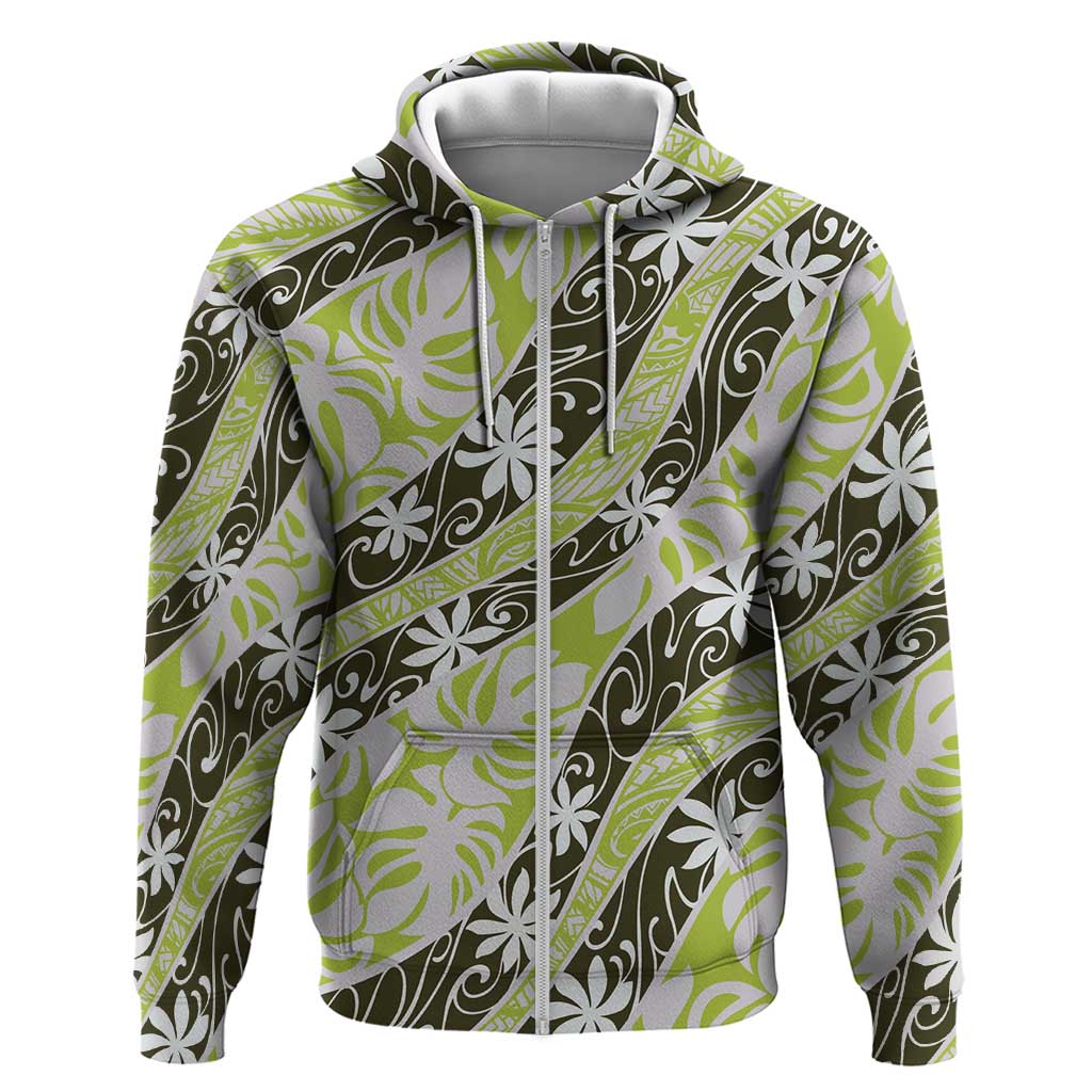 Olive Tahiti Tiare Monstera Zip Hoodie Polynesian Pattern Curve Style - Polynesian Pride