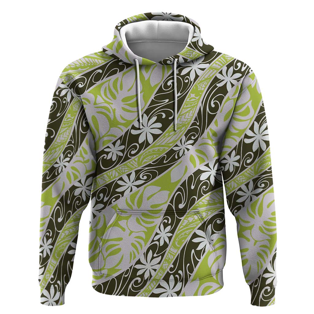 Olive Tahiti Tiare Monstera Zip Hoodie Polynesian Pattern Curve Style - Polynesian Pride