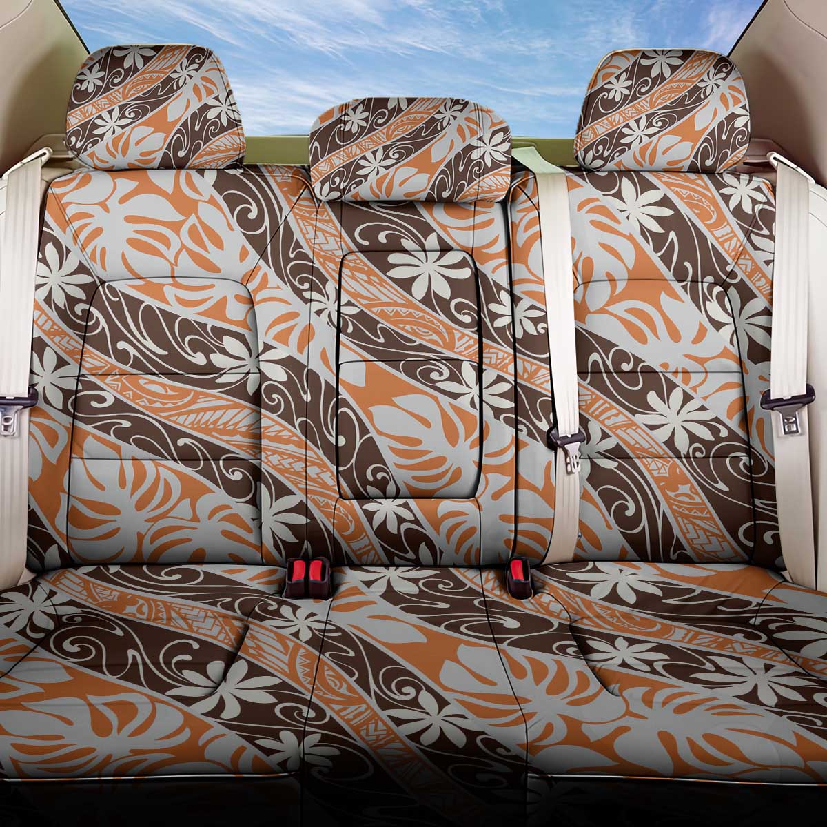 Puatou Tahiti Tiare Monstera Back Car Seat Cover Polynesian Pattern Curve Style - Polynesian Pride