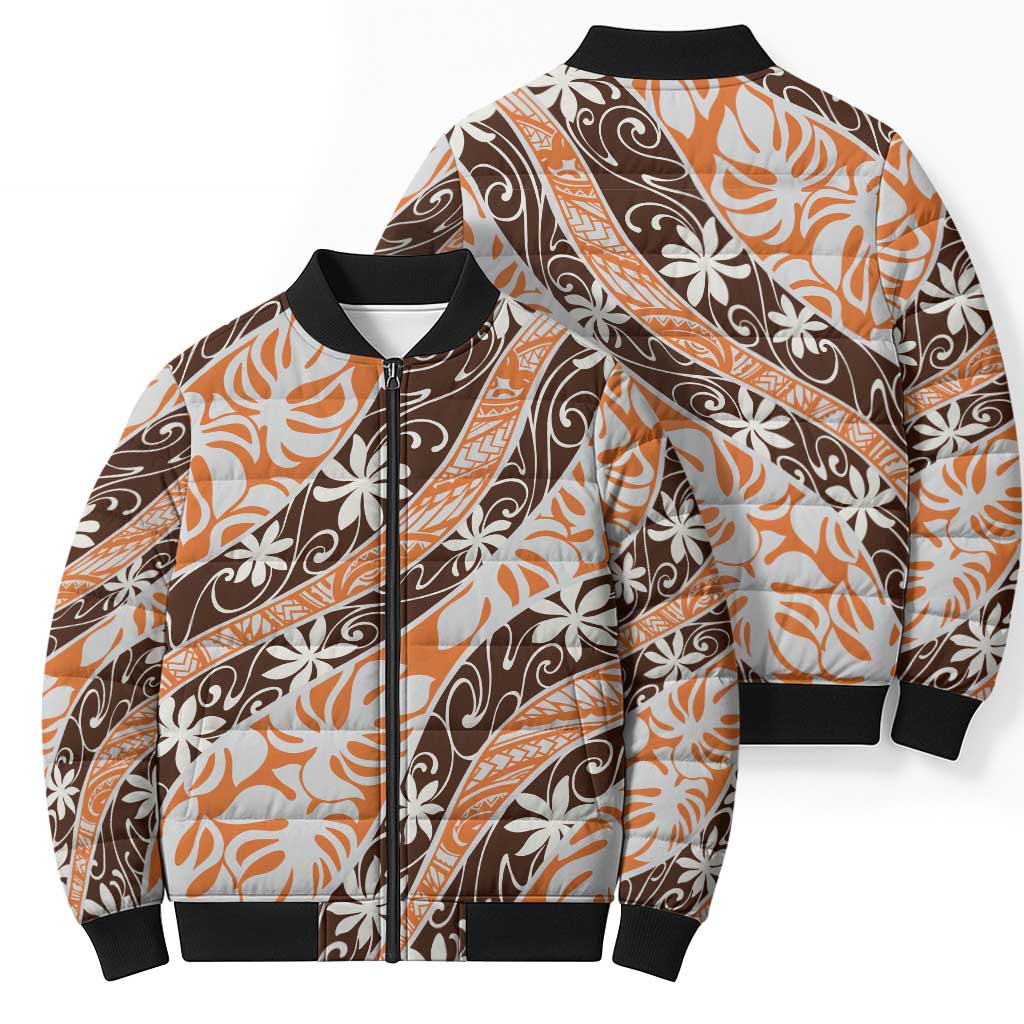 Puatou Tahiti Tiare Monstera Bomber Puffer Jacket Polynesian Pattern Curve Style - Polynesian Pride