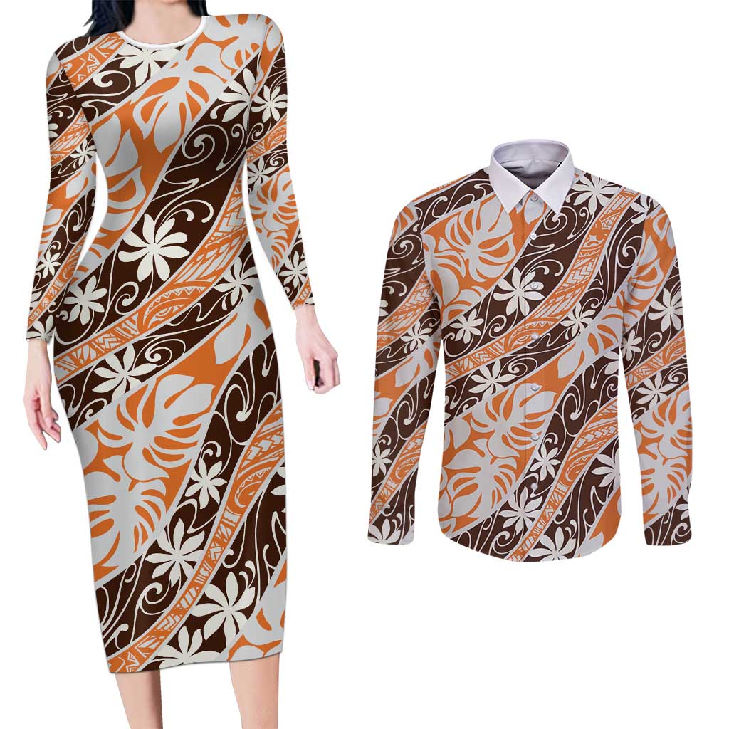 Puatou Tahiti Tiare Monstera Couples Matching Long Sleeve Bodycon Dress and Long Sleeve Button Shirt Polynesian Pattern Curve Style - Polynesian Pride