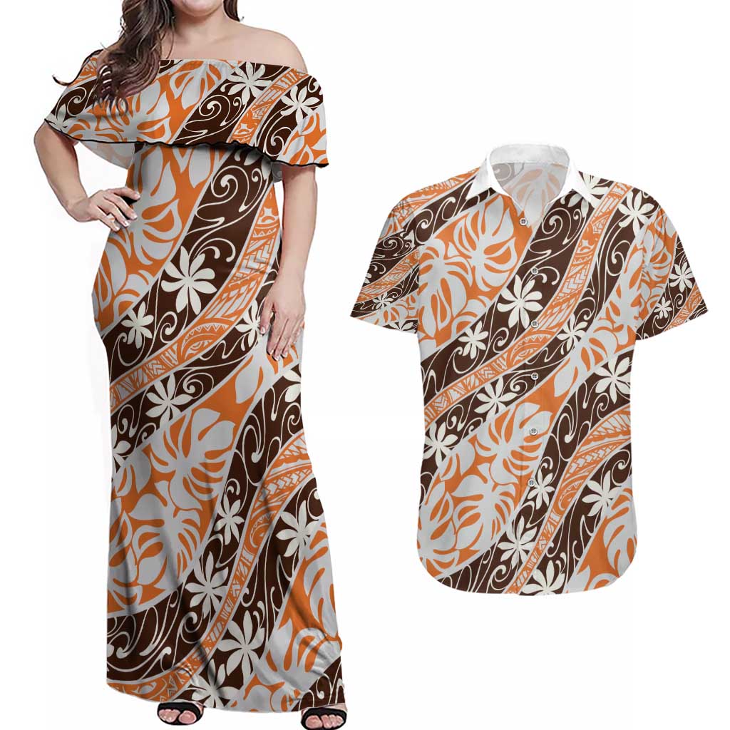 Puatou Tahiti Tiare Monstera Couples Matching Off Shoulder Maxi Dress and Hawaiian Shirt Polynesian Pattern Curve Style - Polynesian Pride