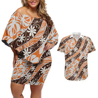 Puatou Tahiti Tiare Monstera Couples Matching Off Shoulder Short Dress and Hawaiian Shirt Polynesian Pattern Curve Style - Polynesian Pride