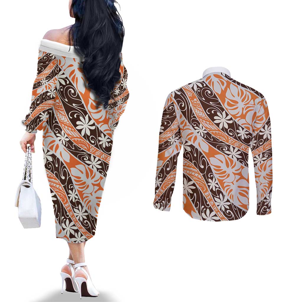 Puatou Tahiti Tiare Monstera Couples Matching Off The Shoulder Long Sleeve Dress and Long Sleeve Button Shirt Polynesian Pattern Curve Style - Polynesian Pride