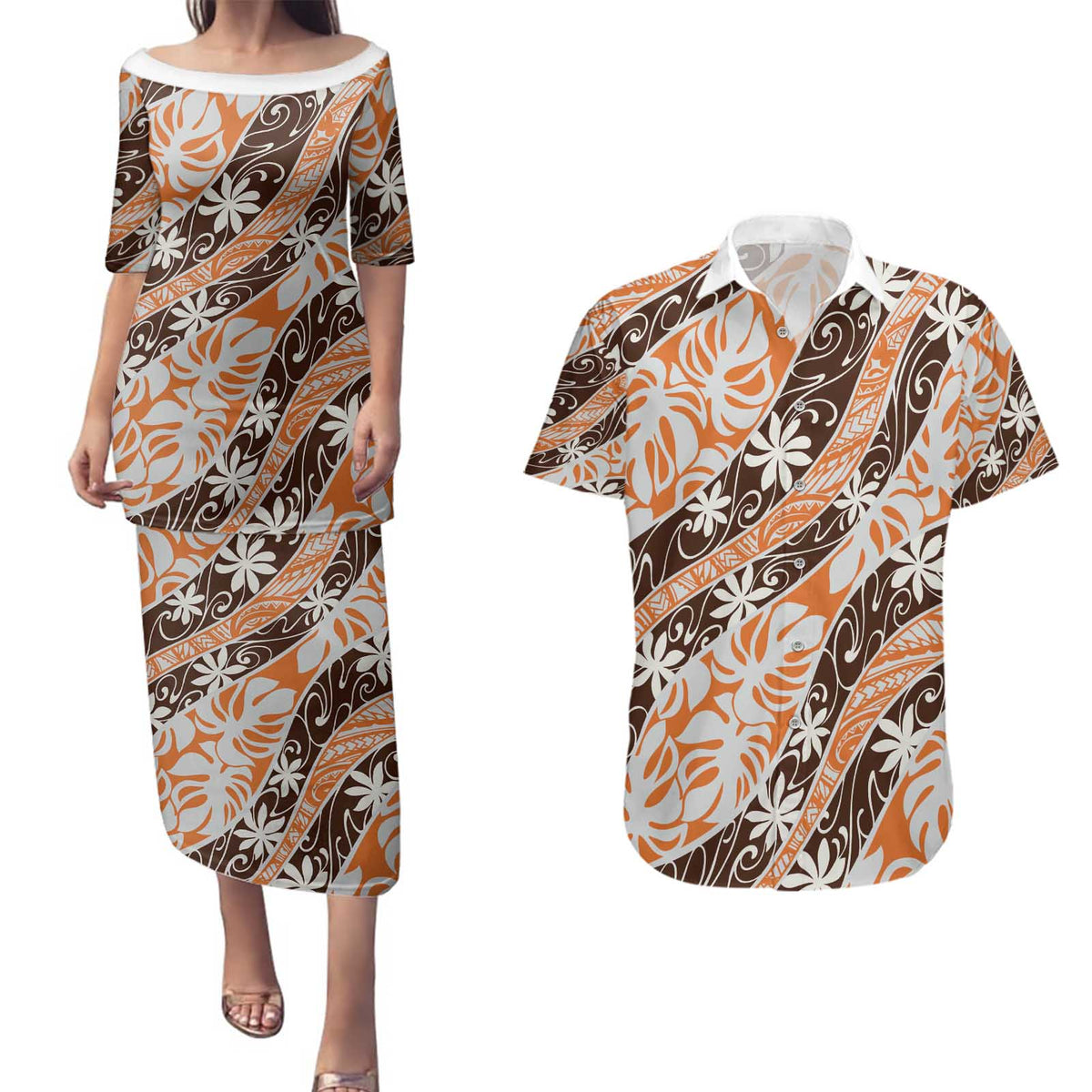 Puatou Tahiti Tiare Monstera Couples Matching Puletasi and Hawaiian Shirt Polynesian Pattern Curve Style - Polynesian Pride