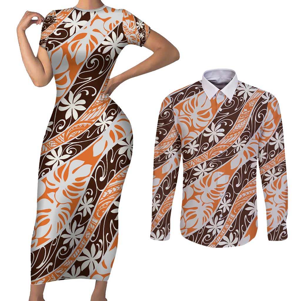 Puatou Tahiti Tiare Monstera Couples Matching Short Sleeve Bodycon Dress and Long Sleeve Button Shirt Polynesian Pattern Curve Style - Polynesian Pride