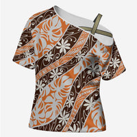 Puatou Tahiti Tiare Monstera Cross Shoulder Shirt Polynesian Pattern Curve Style - Polynesian Pride