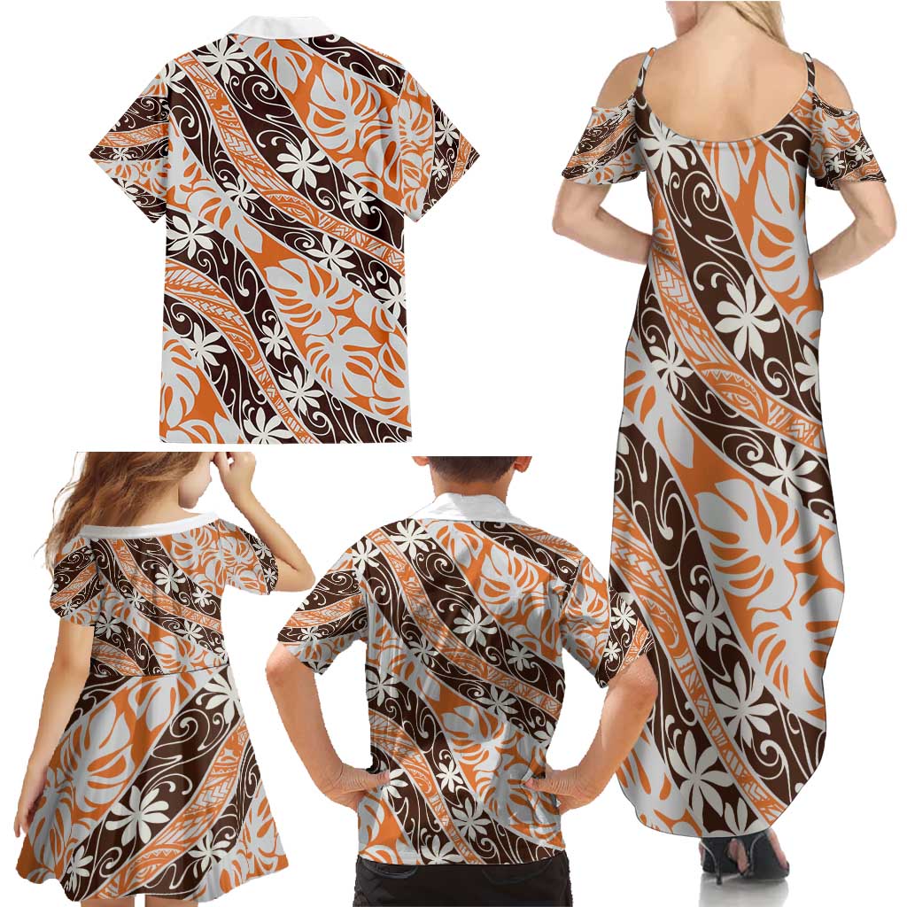 Puatou Tahiti Tiare Monstera Family Matching Summer Maxi Dress and Hawaiian Shirt Polynesian Pattern Curve Style - Polynesian Pride