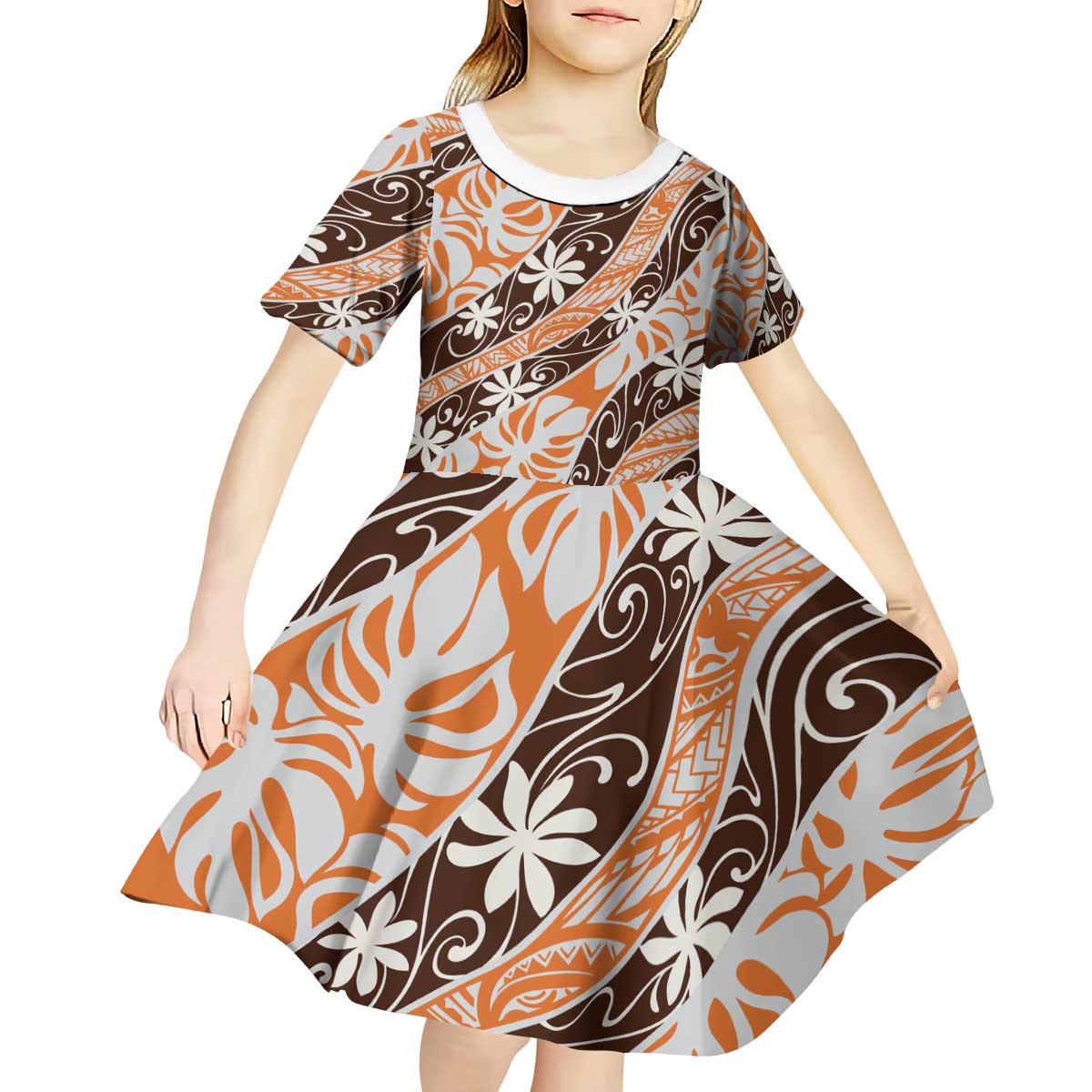 Puatou Tahiti Tiare Monstera Kid Short Sleeve Dress Polynesian Pattern Curve Style - Polynesian Pride
