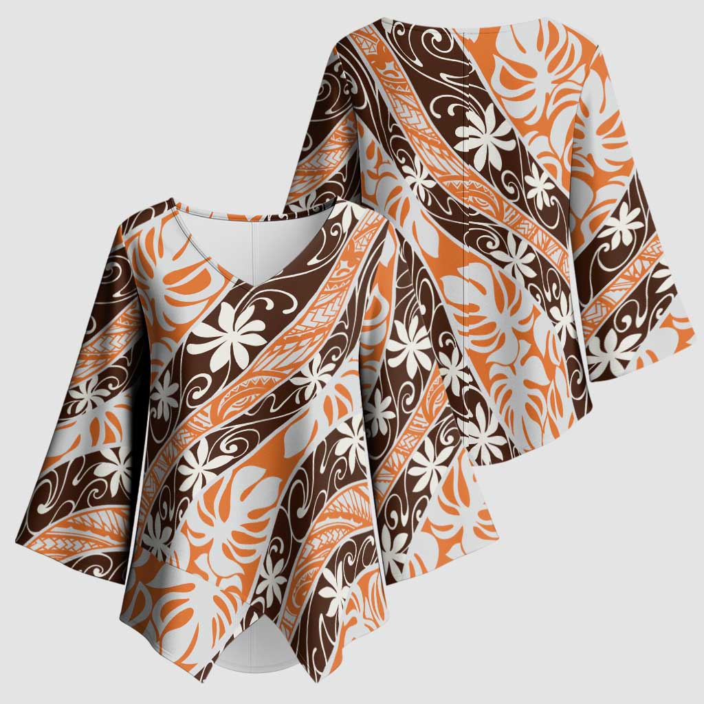 Puatou Tahiti Tiare Monstera Kimono Sleeve Blouse Polynesian Pattern Curve Style - Polynesian Pride