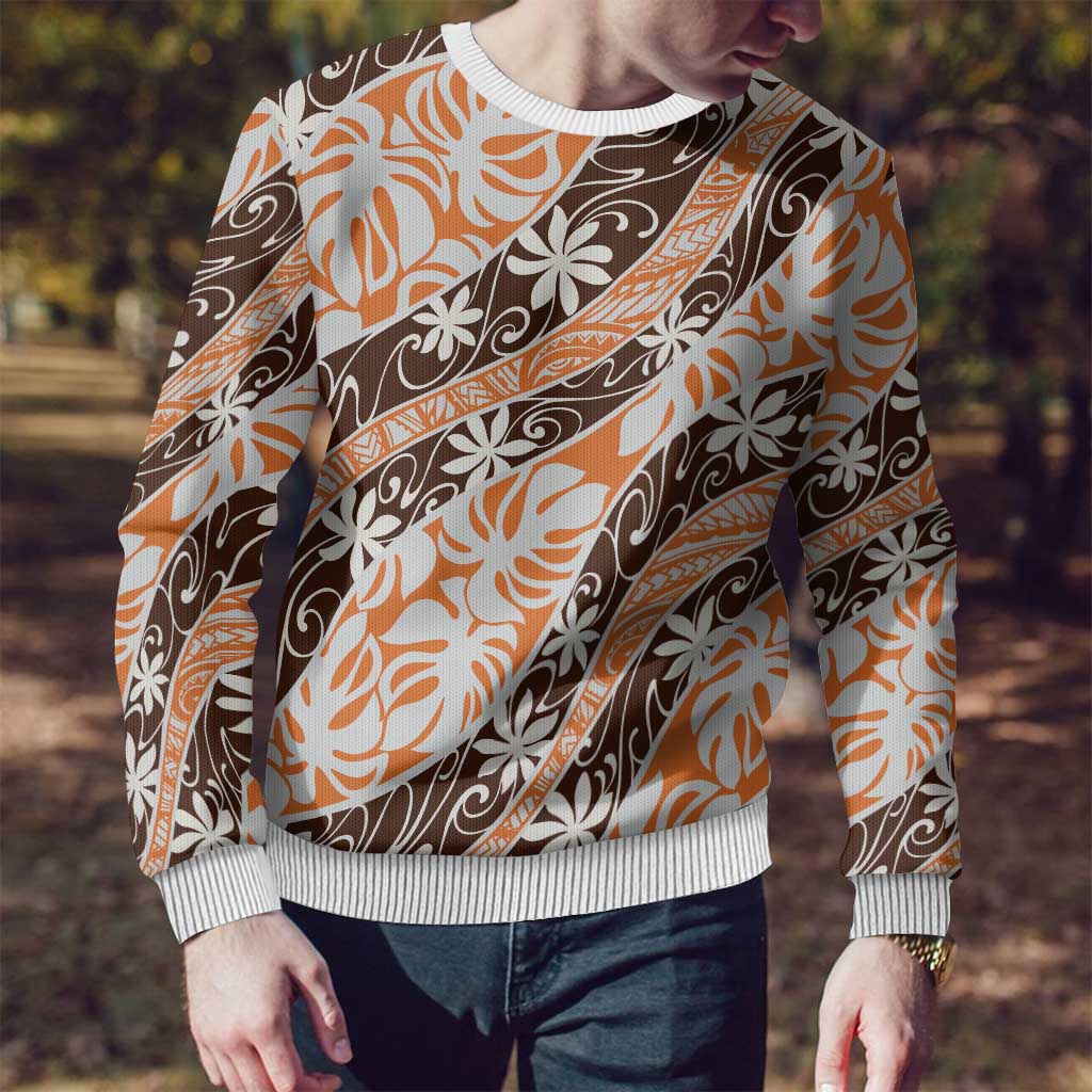 Puatou Tahiti Tiare Monstera Ugly Christmas Sweater Polynesian Pattern Curve Style - Polynesian Pride