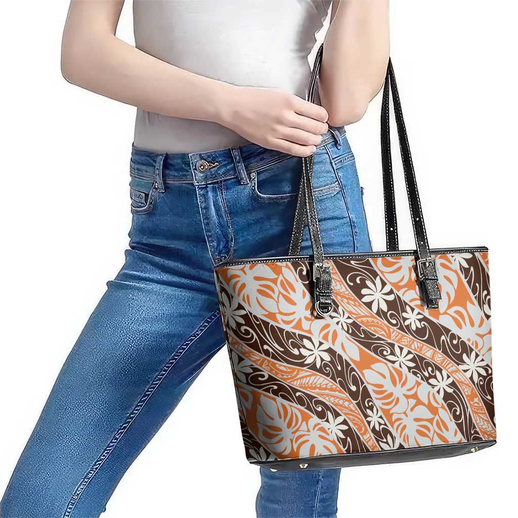 Puatou Tahiti Tiare Monstera Leather Tote Bag Polynesian Pattern Curve Style - Polynesian Pride