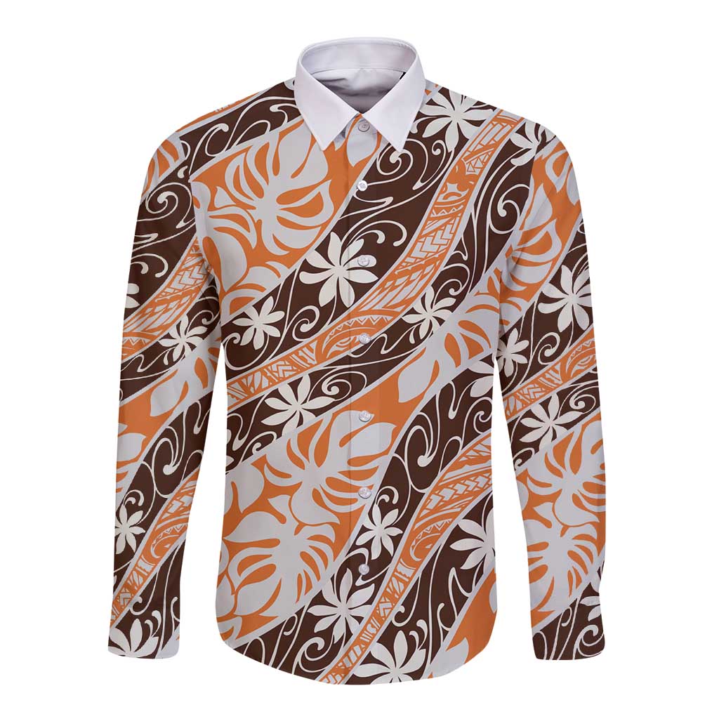 Puatou Tahiti Tiare Monstera Long Sleeve Button Shirt Polynesian Pattern Curve Style - Polynesian Pride