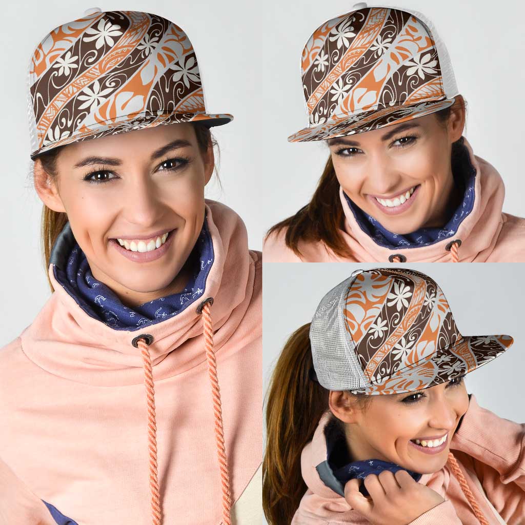 Puatou Tahiti Tiare Monstera Mesh Trucker Cap Polynesian Pattern Curve Style - Polynesian Pride