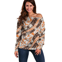 Puatou Tahiti Tiare Monstera Off Shoulder Sweater Polynesian Pattern Curve Style - Polynesian Pride
