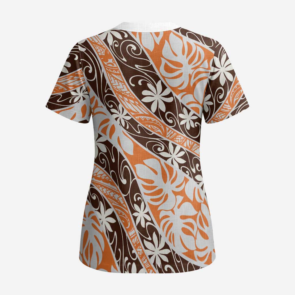 Puatou Tahiti Tiare Monstera Scrub Top Polynesian Pattern Curve Style - Polynesian Pride