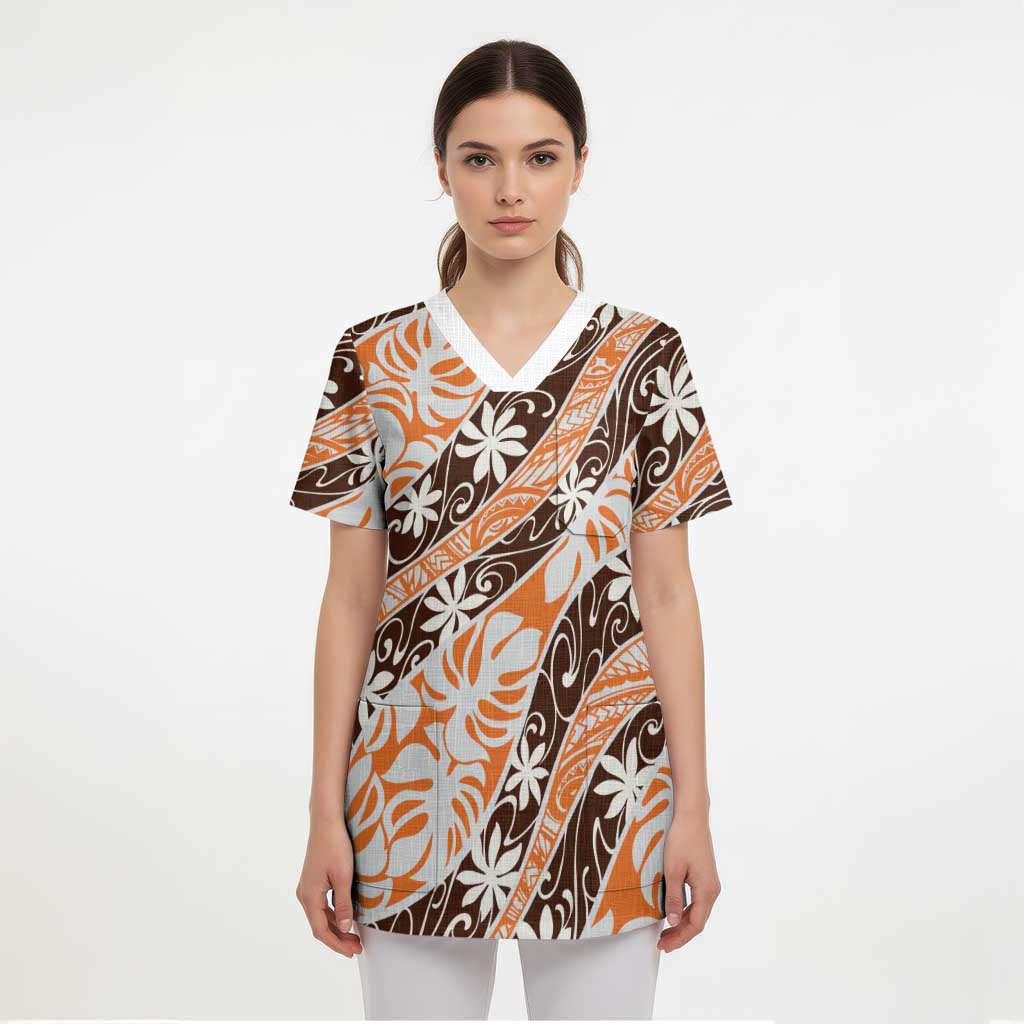 Puatou Tahiti Tiare Monstera Scrub Top Polynesian Pattern Curve Style - Polynesian Pride