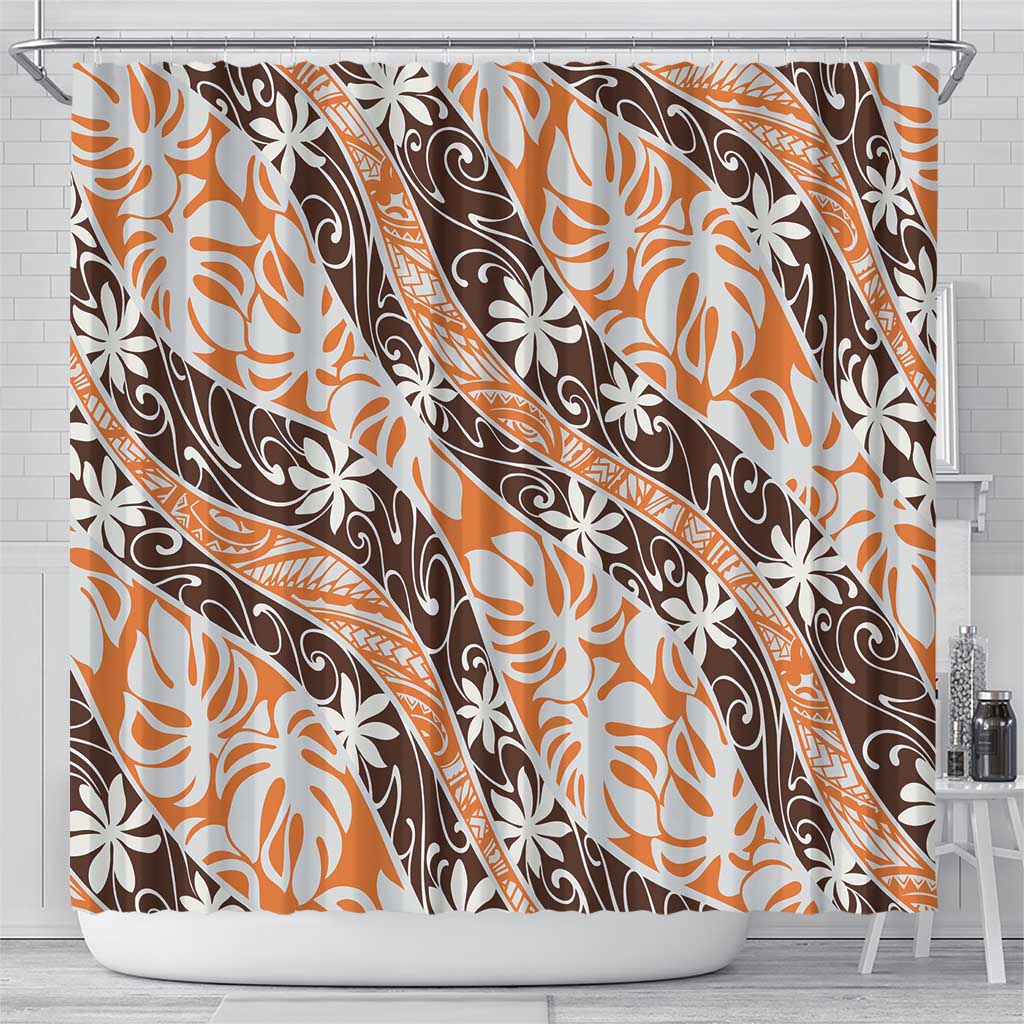 Puatou Tahiti Tiare Monstera Shower Curtain Polynesian Pattern Curve Style - Polynesian Pride