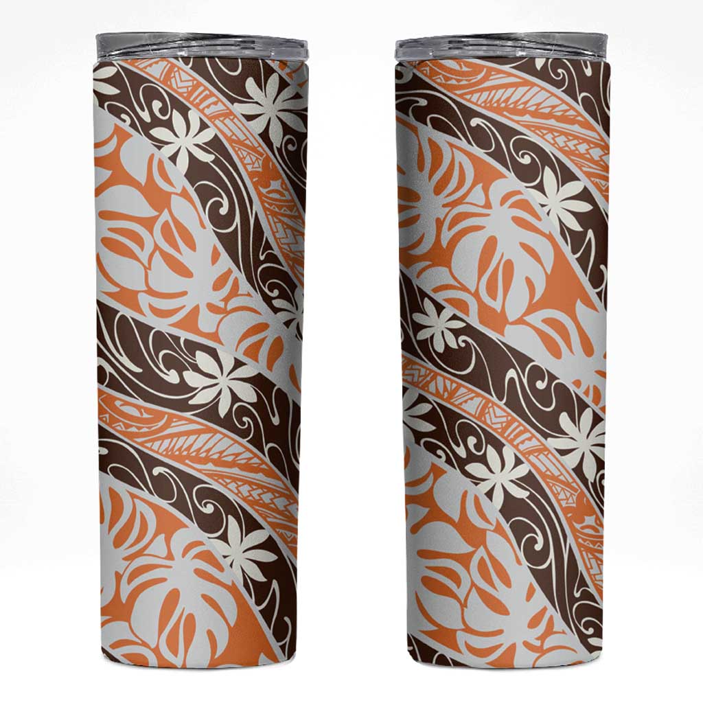 Puatou Tahiti Tiare Monstera Skinny Tumbler Polynesian Pattern Curve Style - Polynesian Pride