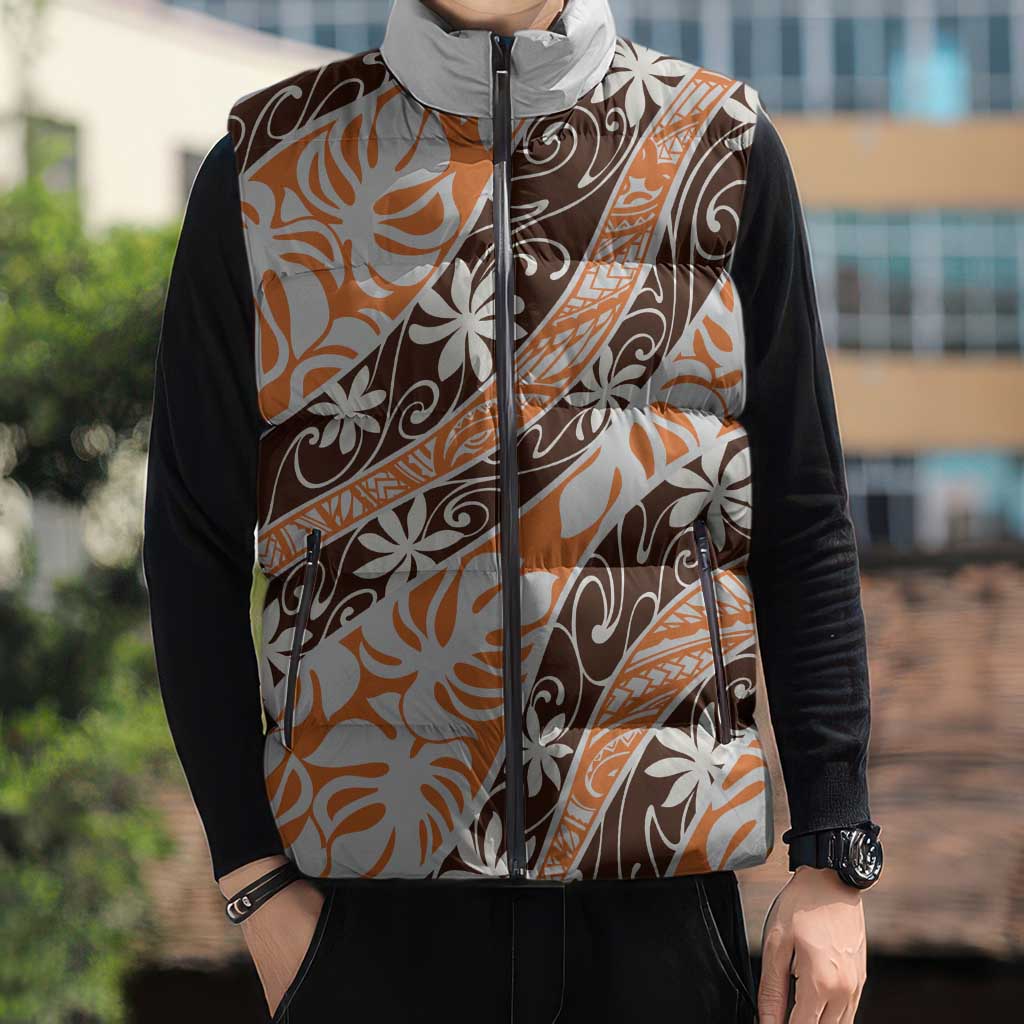 Puatou Tahiti Tiare Monstera Sleeveless Puffer Jacket Polynesian Pattern Curve Style - Polynesian Pride