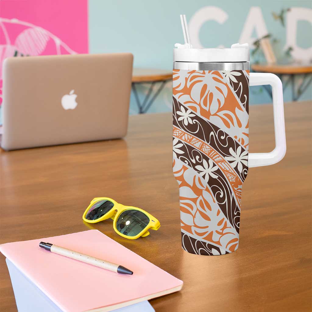 Puatou Tahiti Tiare Monstera Tumbler With Handle Polynesian Pattern Curve Style - Polynesian Pride