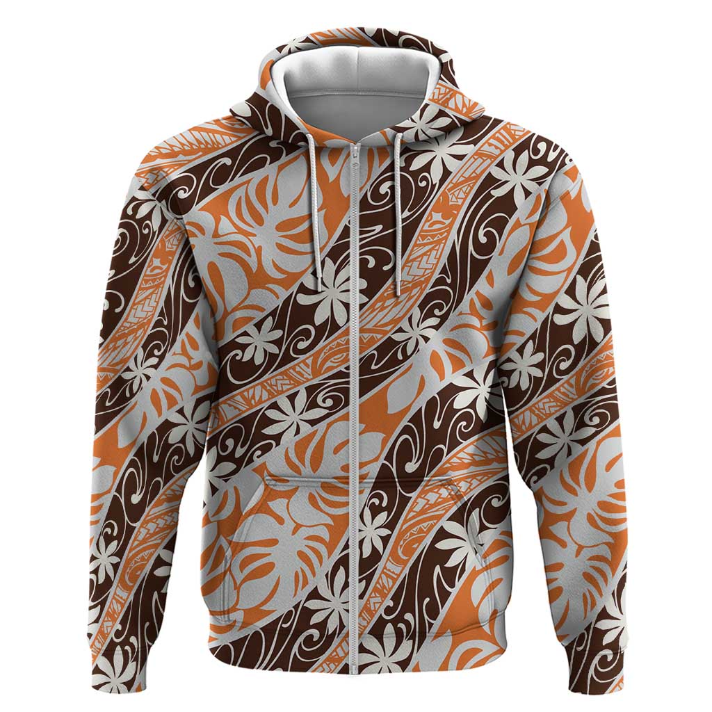 Puatou Tahiti Tiare Monstera Zip Hoodie Polynesian Pattern Curve Style - Polynesian Pride