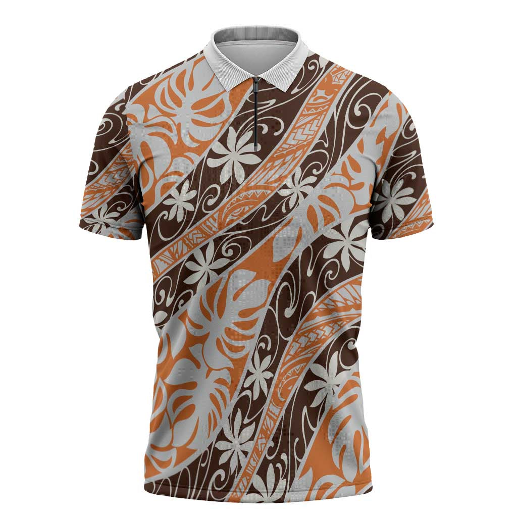 Puatou Tahiti Tiare Monstera Zipper Polo Shirt Polynesian Pattern Curve Style - Polynesian Pride