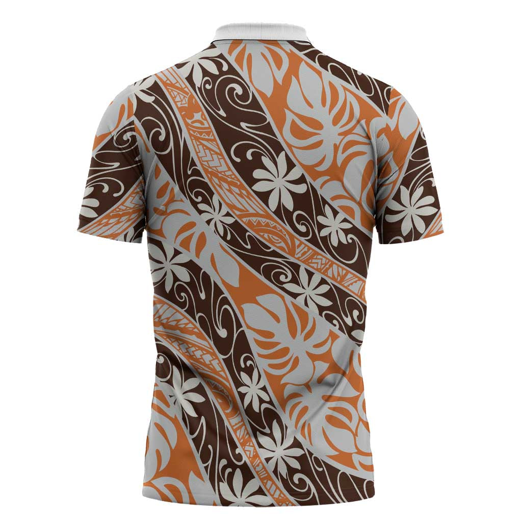 Puatou Tahiti Tiare Monstera Zipper Polo Shirt Polynesian Pattern Curve Style - Polynesian Pride