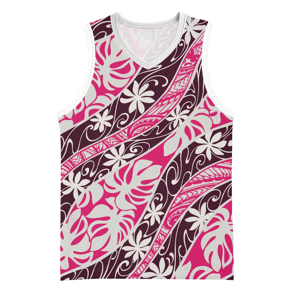 Tarona Tahiti Tiare Monstera Basketball Jersey Polynesian Pattern Curve Style - Polynesian Pride