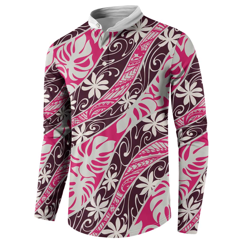 Tarona Tahiti Tiare Monstera Button Sweatshirt Polynesian Pattern Curve Style - Polynesian Pride