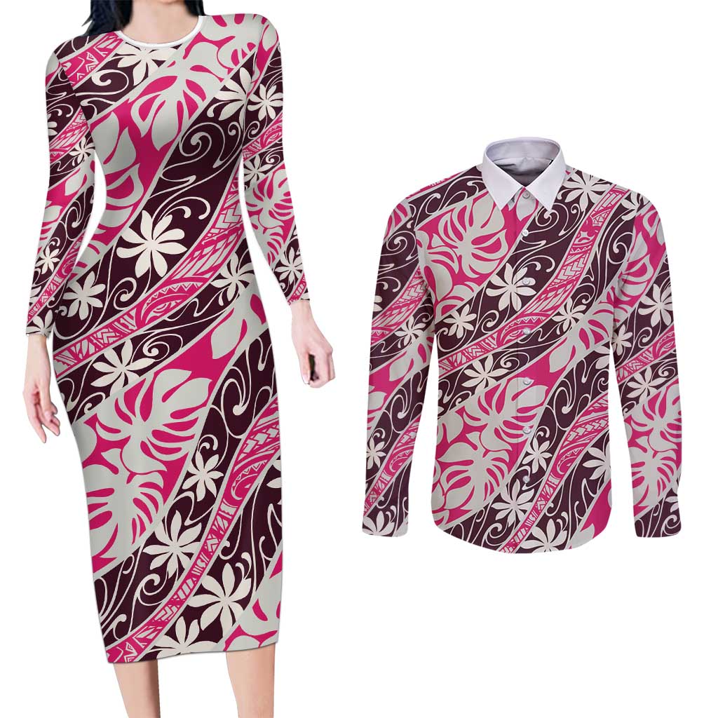 Tarona Tahiti Tiare Monstera Couples Matching Long Sleeve Bodycon Dress and Long Sleeve Button Shirt Polynesian Pattern Curve Style - Polynesian Pride