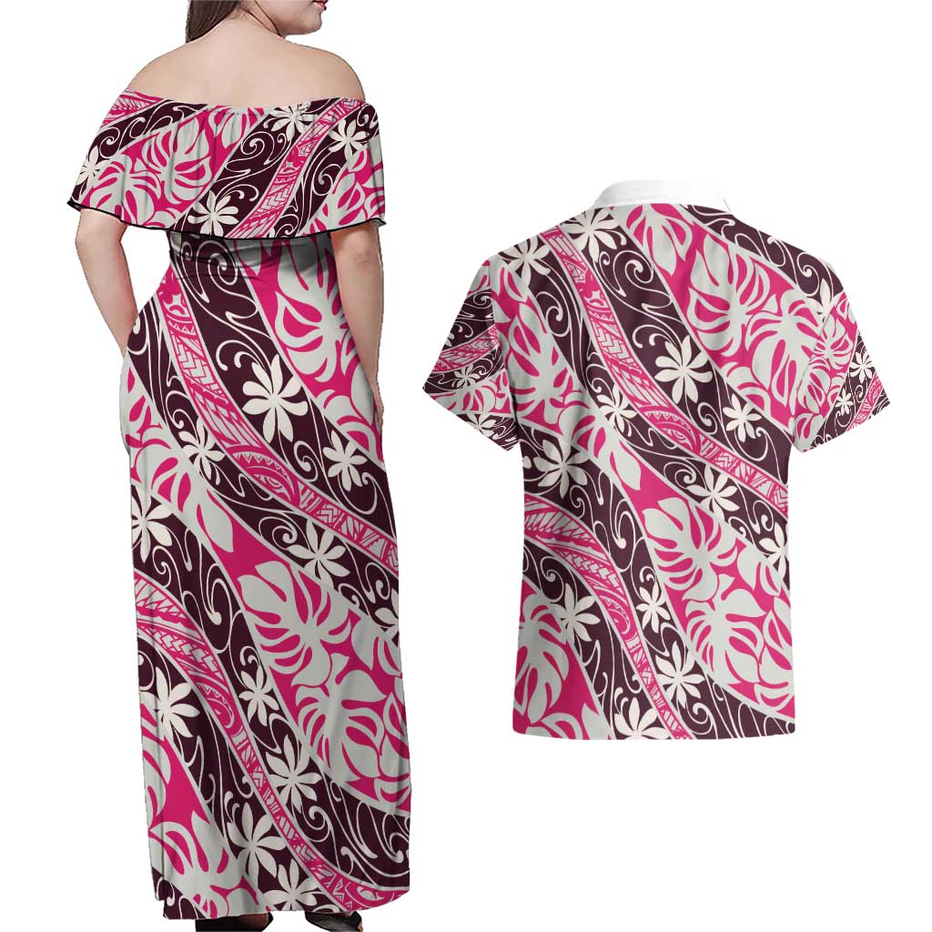 Tarona Tahiti Tiare Monstera Couples Matching Off Shoulder Maxi Dress and Hawaiian Shirt Polynesian Pattern Curve Style - Polynesian Pride