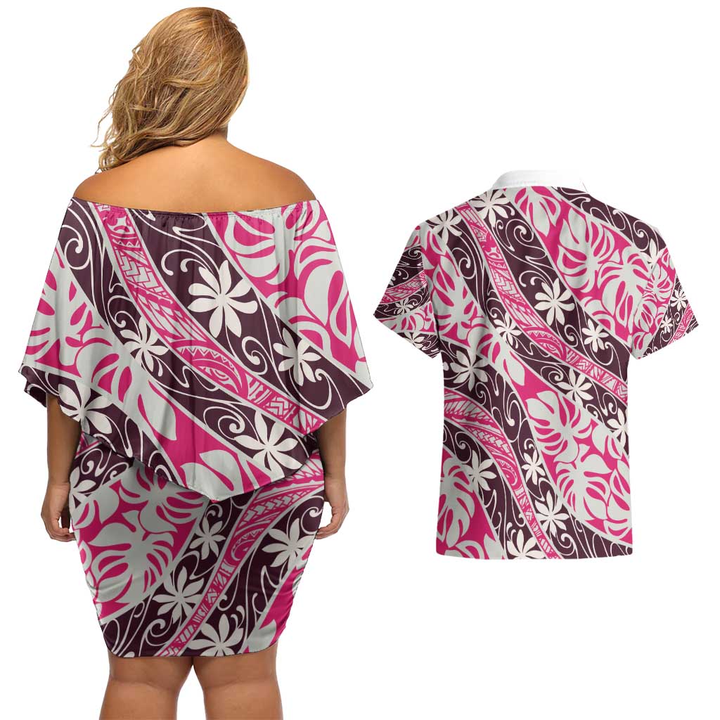 Tarona Tahiti Tiare Monstera Couples Matching Off Shoulder Short Dress and Hawaiian Shirt Polynesian Pattern Curve Style - Polynesian Pride