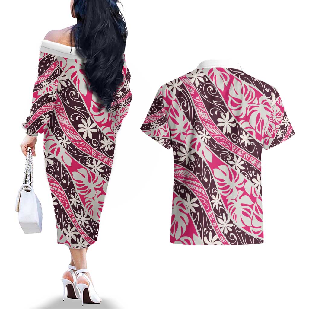 Tarona Tahiti Tiare Monstera Couples Matching Off The Shoulder Long Sleeve Dress and Hawaiian Shirt Polynesian Pattern Curve Style - Polynesian Pride