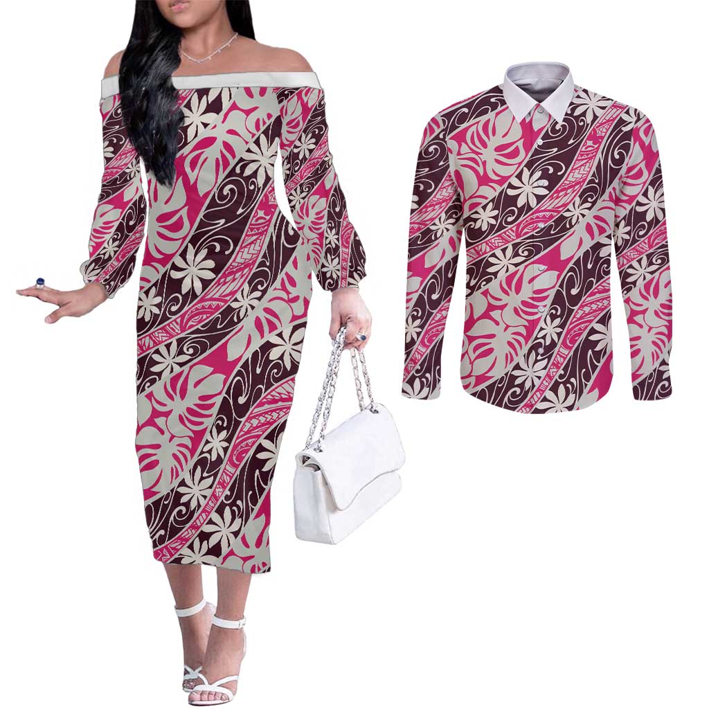 Tarona Tahiti Tiare Monstera Couples Matching Off The Shoulder Long Sleeve Dress and Long Sleeve Button Shirt Polynesian Pattern Curve Style - Polynesian Pride