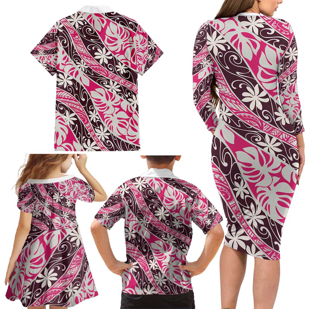 Tarona Tahiti Tiare Monstera Family Matching Long Sleeve Bodycon Dress and Hawaiian Shirt Polynesian Pattern Curve Style - Polynesian Pride
