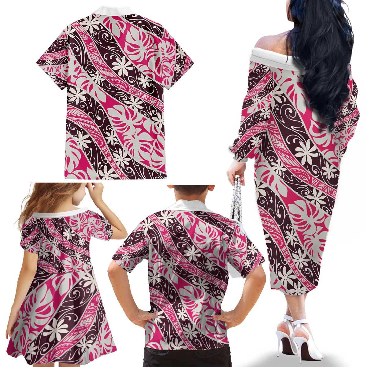 Tarona Tahiti Tiare Monstera Family Matching Off The Shoulder Long Sleeve Dress and Hawaiian Shirt Polynesian Pattern Curve Style - Polynesian Pride