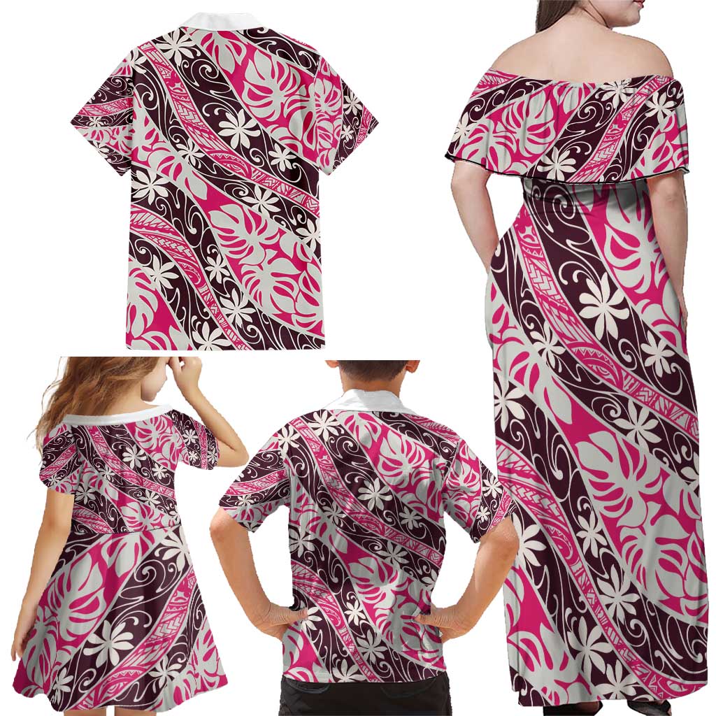 Tarona Tahiti Tiare Monstera Family Matching Off Shoulder Maxi Dress and Hawaiian Shirt Polynesian Pattern Curve Style - Polynesian Pride