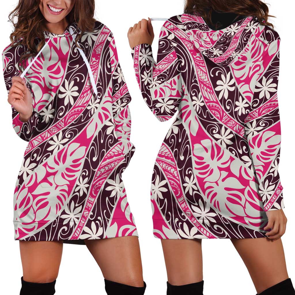 Tarona Tahiti Tiare Monstera Hoodie Dress Polynesian Pattern Curve Style - Polynesian Pride