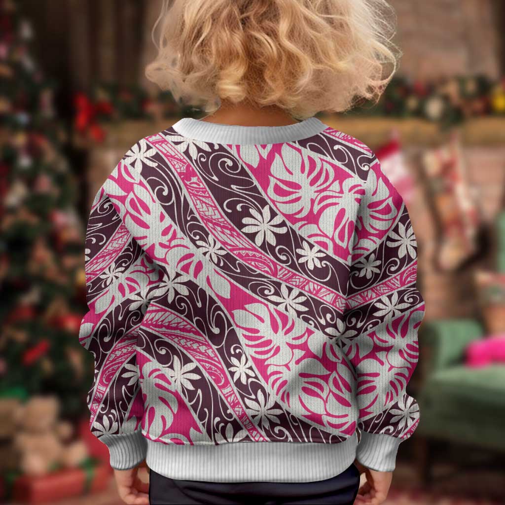 Tarona Tahiti Tiare Monstera Kid Ugly Christmas Sweater Polynesian Pattern Curve Style - Polynesian Pride
