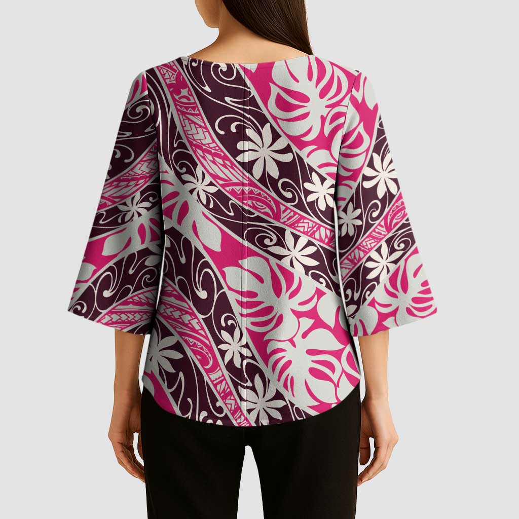 Tarona Tahiti Tiare Monstera Kimono Sleeve Blouse Polynesian Pattern Curve Style - Polynesian Pride