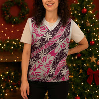 Tarona Tahiti Tiare Monstera Christmas Knitted V-Neck Vest Polynesian Pattern Curve Style - Polynesian Pride