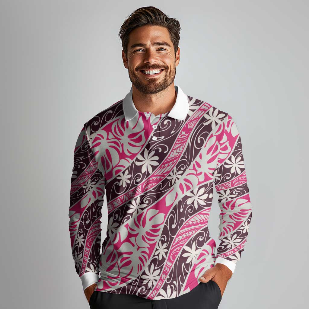 Tarona Tahiti Tiare Monstera Long Sleeve Polo Shirt Polynesian Pattern Curve Style - Polynesian Pride