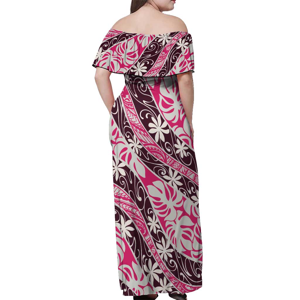 Tarona Tahiti Tiare Monstera Off Shoulder Maxi Dress Polynesian Pattern Curve Style - Polynesian Pride