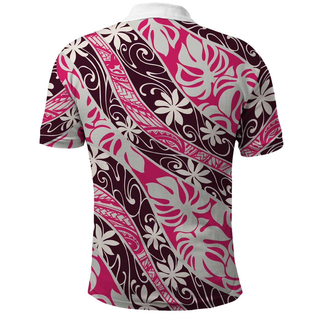 Tarona Tahiti Tiare Monstera Polo Shirt Polynesian Pattern Curve Style - Polynesian Pride